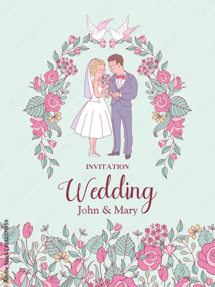 Happy wedding. Wedding vector card, invitation. Bride and groom surrounded by pink flowers.