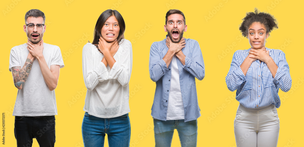 Collage of group people, women and men over colorful yellow isolated background shouting and suffocate because painful strangle. Health problem. Asphyxiate and suicide concept.