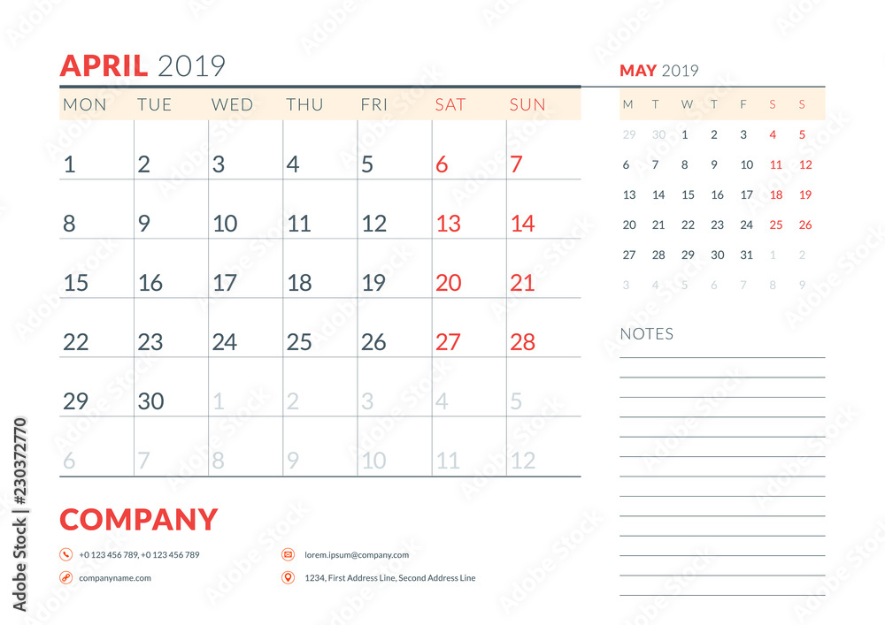 April 2019. Week starts on Monday. Calendar planner stationery design template. Vector illustration April 2019. Week starts on Monday. Calendar planner stationery design template. Vector illustration