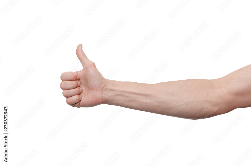 Male hand is showing a thumbs up gesture sign isolated on white background. Male hand is showing a thumbs up gesture sign isolated on white background.