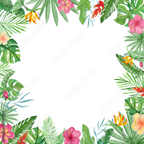 Watercolor frame tropical leaves and flowers on white background.