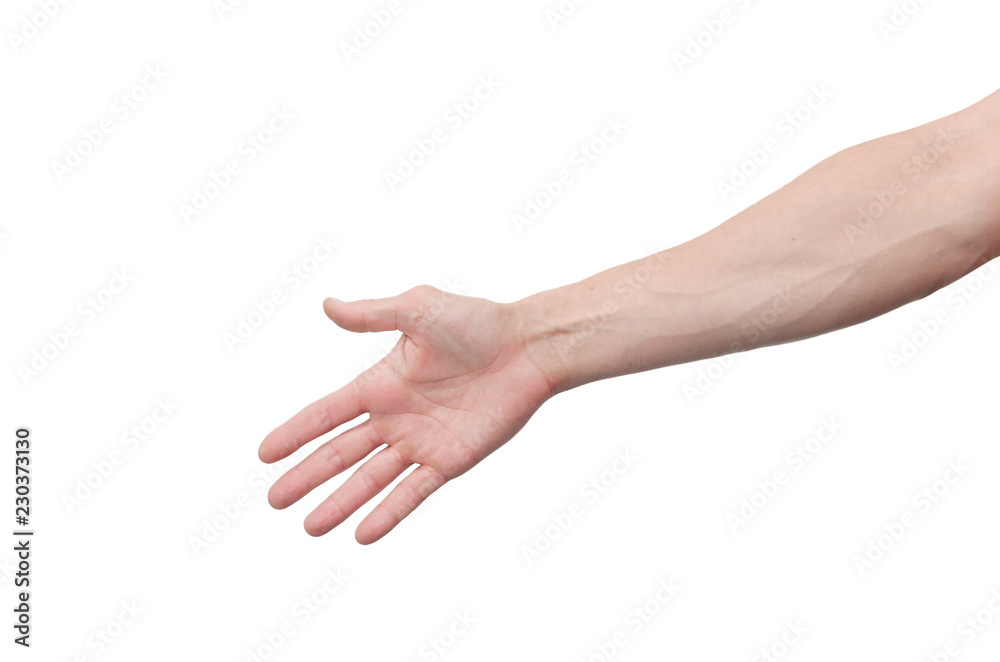 Male hand stretches forward to shake hands isolated on white background.