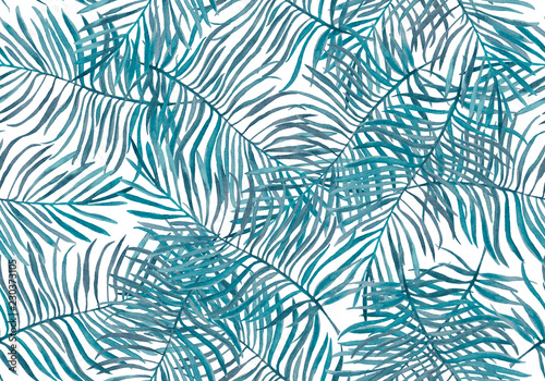 Watercolor tropical palm leaves seamless pattern. Hand drawn illustration.