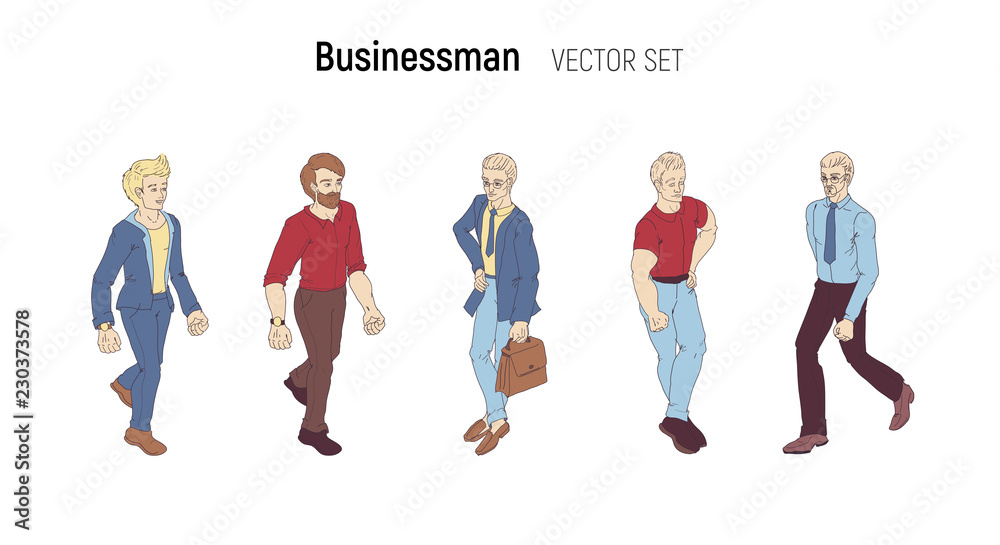 Cartoon illustration of a handsome young businessman in various poses. Fashion man street casual style