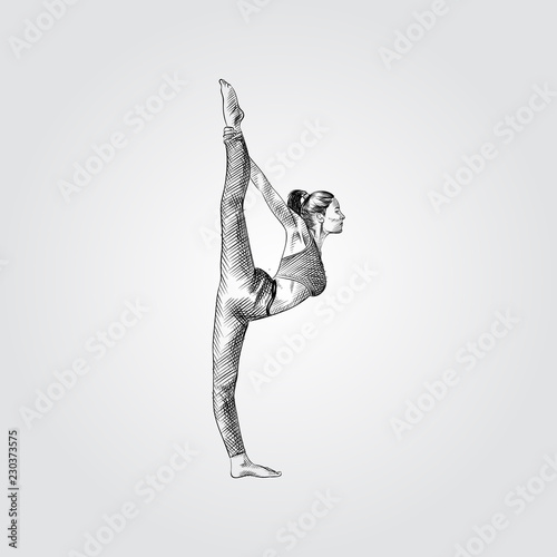 Hand drawn woman practicing yoga, stretching exercise. Vector illustration of yoga pose in sketch style isolated on white background. Girl standing in vertical twine