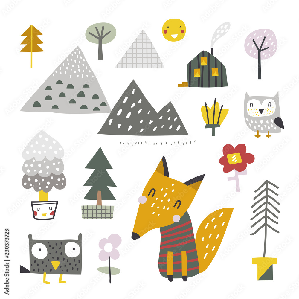 Doodle set- mountains, trees and animals. Vector Illustration. Scandinavian design.