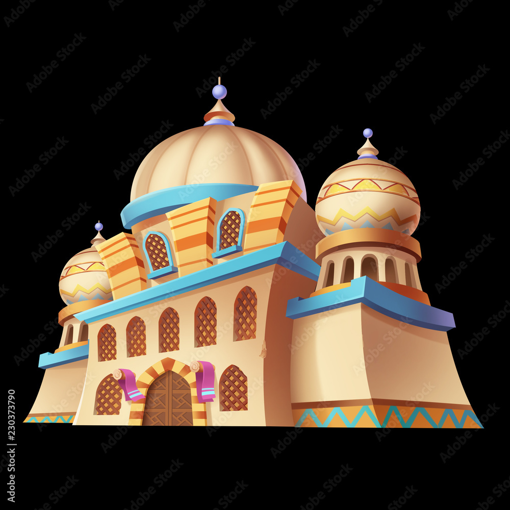 Desert Emirates Palaces Arabian Architecture. Game Assets Card Object Buildings isolated on Black or White Background. Video Game Digital CG Artwork Concept Illustration Realistic Cartoon Style Design