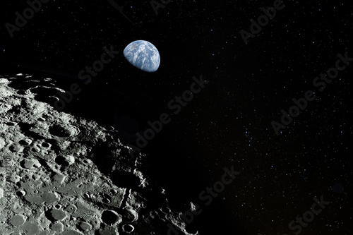 Moon surface, stars and planet Earth above. Elements of this image furnisfurnished by NASA.