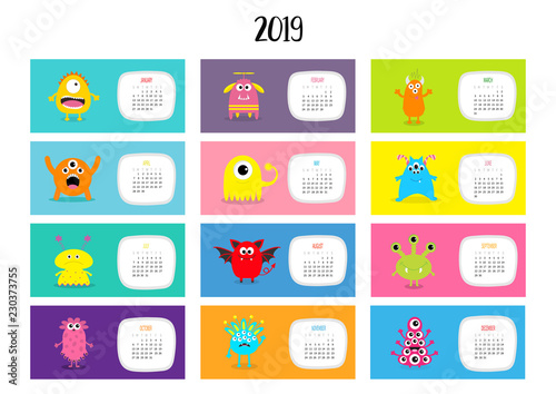 Monster horizontal monthly calendar 2019. Cute funny cartoon character set. All month. Flat design.