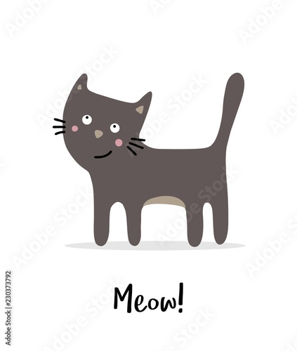 Cute brown cat smiles with Meow sound. Cartoon animal vector illustration card