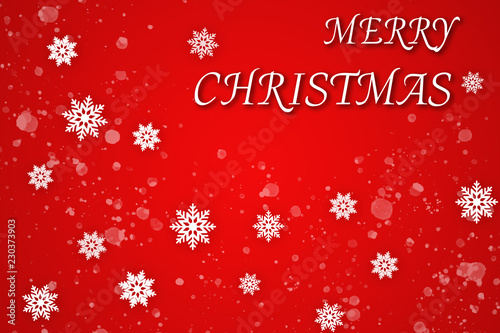 The white merry christmas text and snowflake drop on red background for horizontal image
