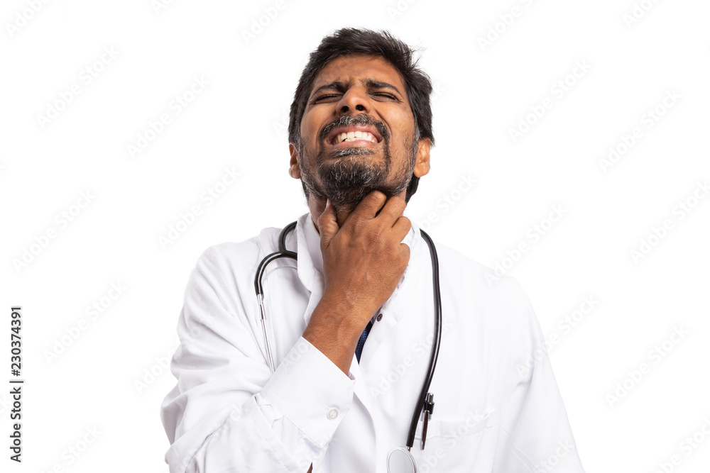 Medic touching neck as sore throat concept. Medic touching neck as sore throat concept.