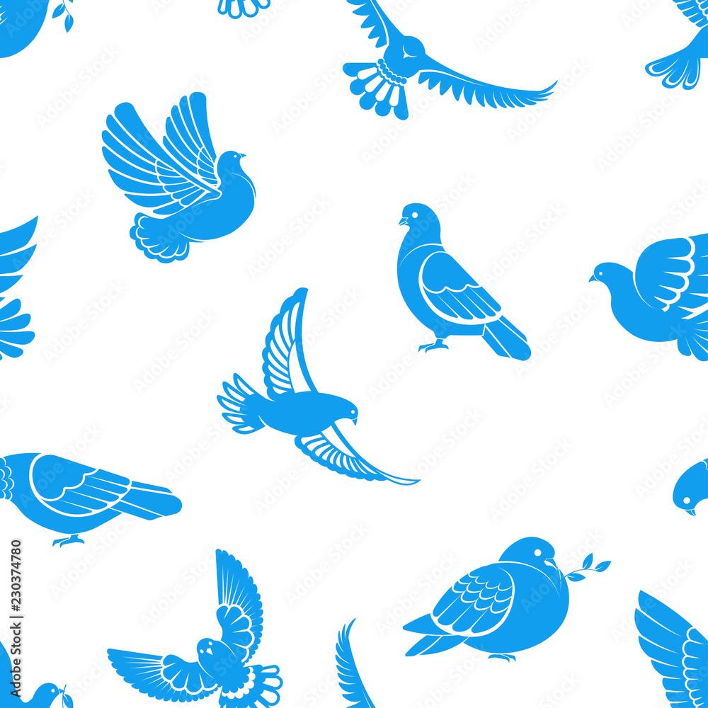 Fototapeta premium Pigeon or dove, white bird flying with spread wings in sky or sitting seamless pattern.