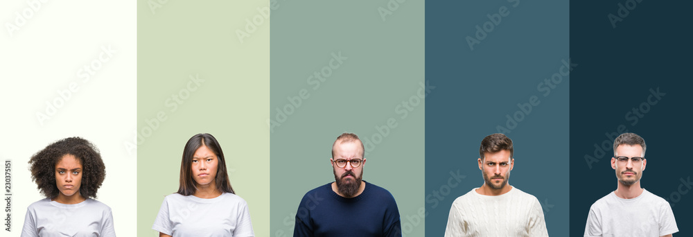 Collage of group of young people over colorful isolated background skeptic and nervous, frowning upset because of problem. Negative person.