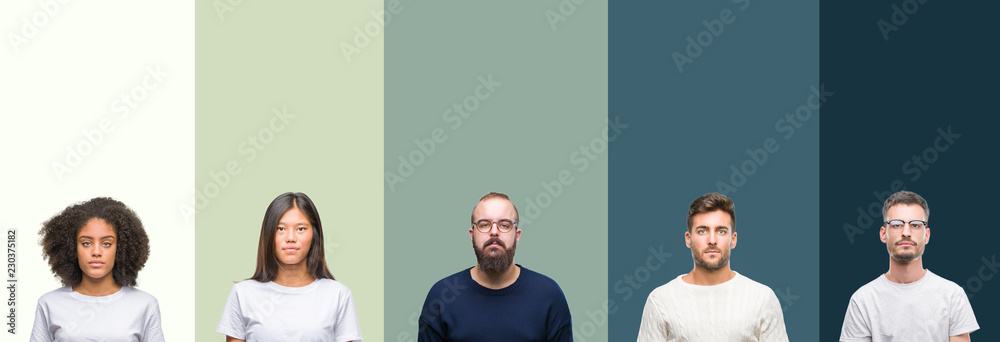 Obraz premium Collage of group of young people over colorful isolated background with serious expression on face. Simple and natural looking at the camera.