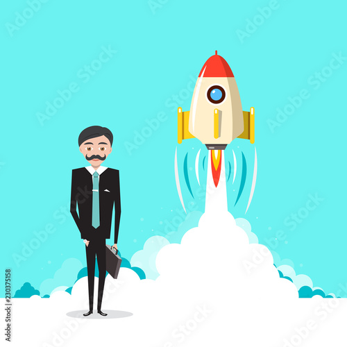 Business Startup Project with Businessman and Rocket Launch