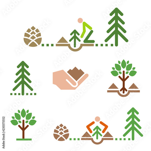 Tree icons, planting tree.
Set of colorful icons with trees and tree planting.Vector available. 