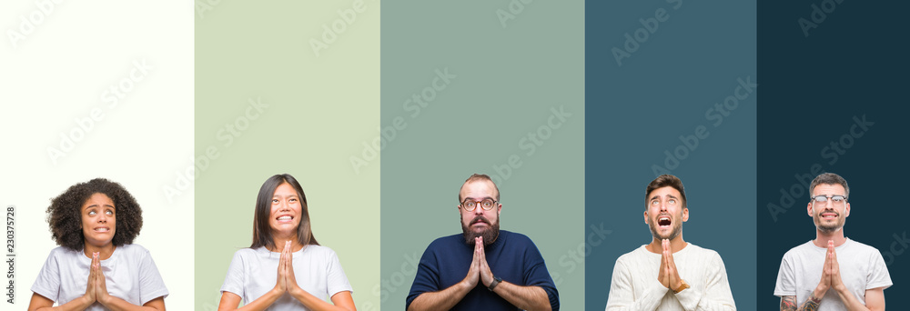 Collage of group of young people over colorful isolated background begging and praying with hands together with hope expression on face very emotional and worried. Asking for forgiveness