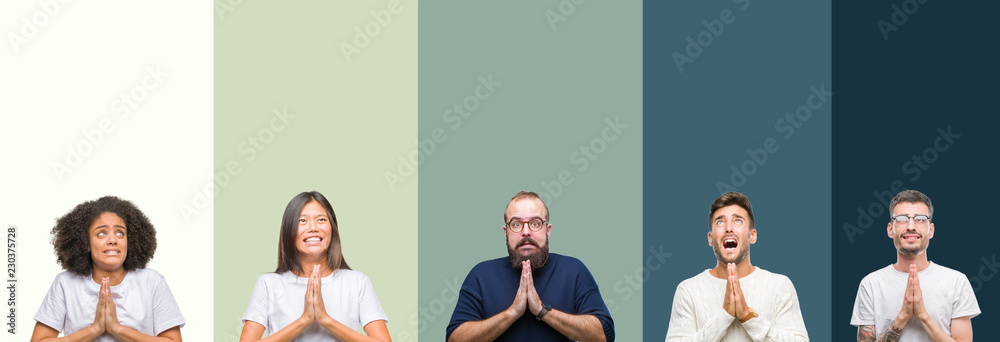Obraz premium Collage of group of young people over colorful isolated background begging and praying with hands together with hope expression on face very emotional and worried. Asking for forgiveness