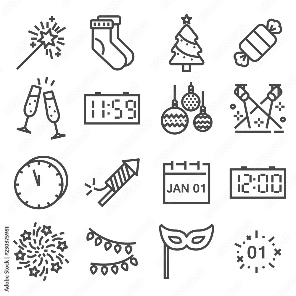 Fototapeta premium Vector Happy New Year line icons set.