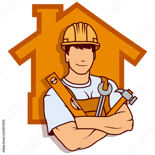 Canvas Print builder worker, building service logo, builder company emblem, vector illustrati