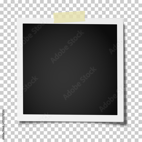 Retro realistic square photo frame with straight edges on a piece of sticky, adhesive tape placed on transparent background. Vector template photo design.