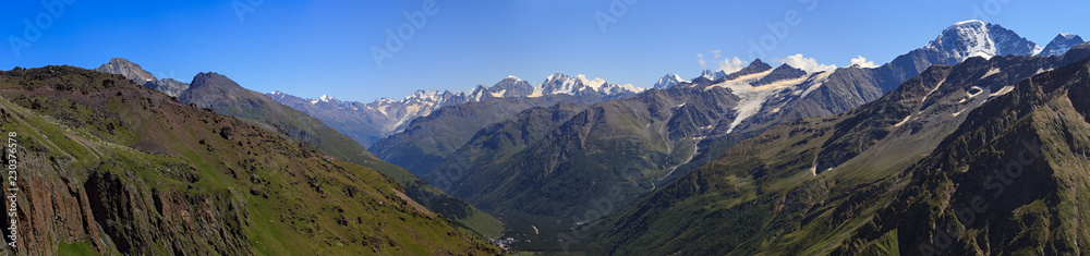 Panoramic view of the mountain valley near Elbrus in the North Caucasus.