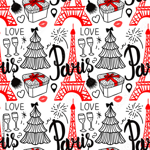 Lettering Paris and Eiffel Tower. Seamless pattern Merry Christmas and Happy new year fashion sketch gift box, tree and fireworks. Hand drawn Vector illustration isolated on white background.