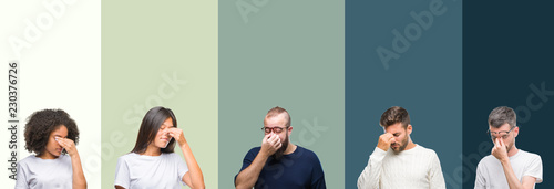 Collage of group of young people over colorful isolated background tired rubbing nose and eyes feeling fatigue and headache. Stress and frustration concept. photo