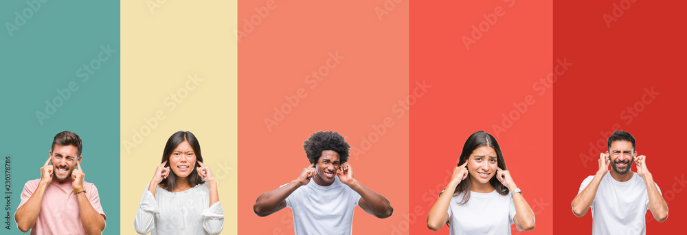 © Krakenimages.com - Collage of different ethnics young people over colorful stripes isolated background covering ears with fingers with annoyed expression for the noise of loud music. Deaf concept.