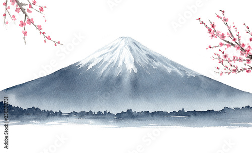 梅の花と富士山 水墨画 墨絵