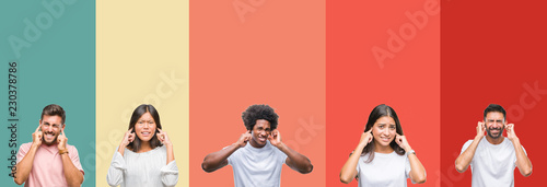 Tablou pe pânză Collage of different ethnics young people over colorful stripes isolated background covering ears with fingers with annoyed expression for the noise of loud music