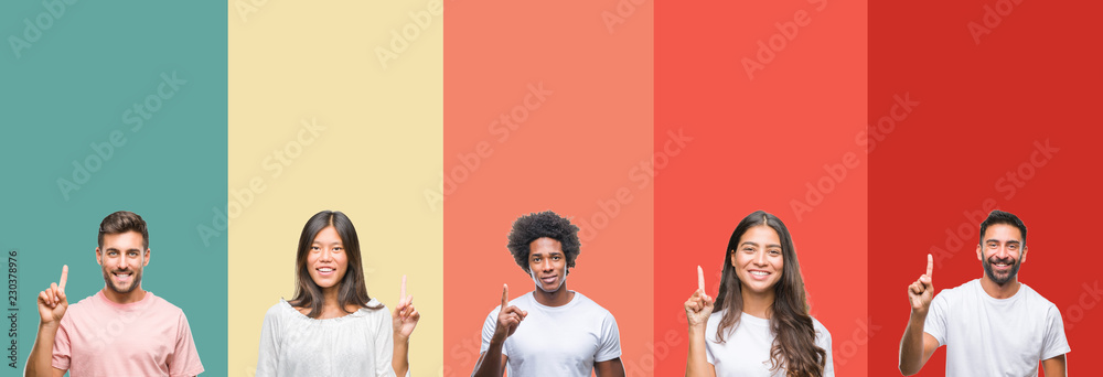 Fototapeta premium Collage of different ethnics young people over colorful stripes isolated background showing and pointing up with finger number one while smiling confident and happy.