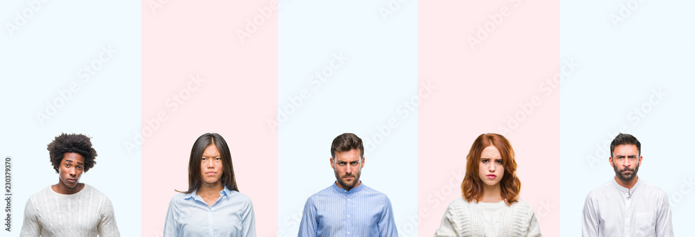 Obraz premium Collage of group of young people over colorful isolated background skeptic and nervous, frowning upset because of problem. Negative person.