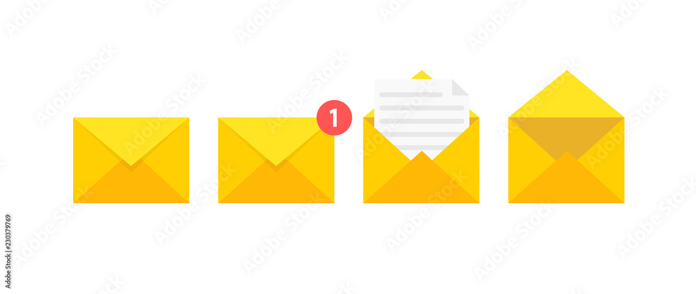 Set of envelopes icons with a picture of a closed letter. Paper document enclosed in an envelope. Delivery of correspondence or office documents. Vector illustration.