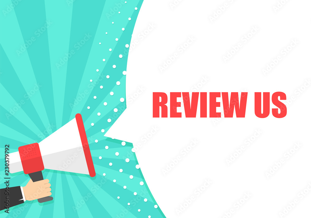 Male hand holding megaphone with Review us speech bubble. Loudspeaker. Banner for business, marketing and advertising. Vector illustration. Male hand holding megaphone with Review us speech bubble. Loudspeaker. Banner for business, marketing and advertising. Vector illustration.