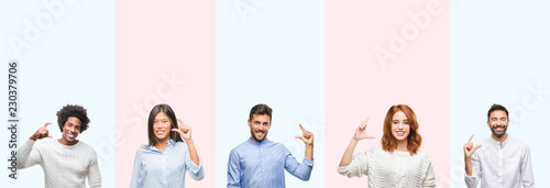 Collage of group of young people over colorful isolated background smiling and confident gesturing with hand doing size sign with fingers while looking and the camera. Measure concept.