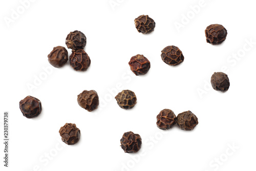 Black peppercorn isolated on white background. top view photo