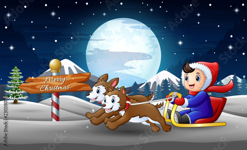 Happy boy riding on a sleigh pulled by two dog at winter night