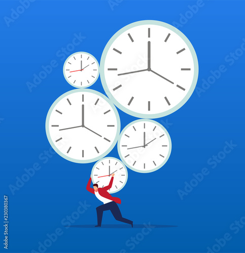 Businessman carrying a bunch of clocks on his shoulders