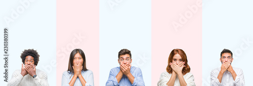 Collage of group of young people over colorful isolated background shocked covering mouth with hands for mistake. Secret concept.