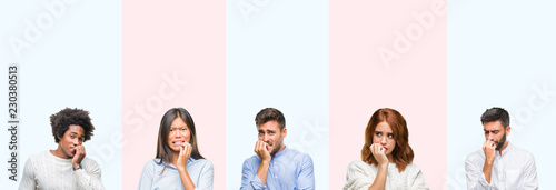 Collage of group of young people over colorful isolated background looking stressed and nervous with hands on mouth biting nails. Anxiety problem.