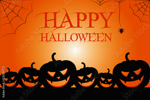Illustrazione zucche nere, ragni e ragnatele testo happy halloween, sfondo arancione, vettore Halloween