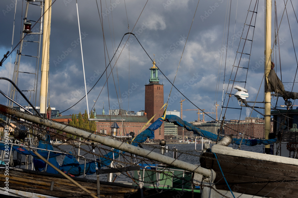 Water view over Stockholm an late autumn day, snowy, sun and clear sky over boats and landmarks Water view over Stockholm an late autumn day, snowy, sun and clear sky over boats and landmarks