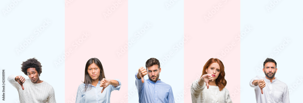 Collage of group of young people over colorful isolated background looking unhappy and angry showing rejection and negative with thumbs down gesture. Bad expression.