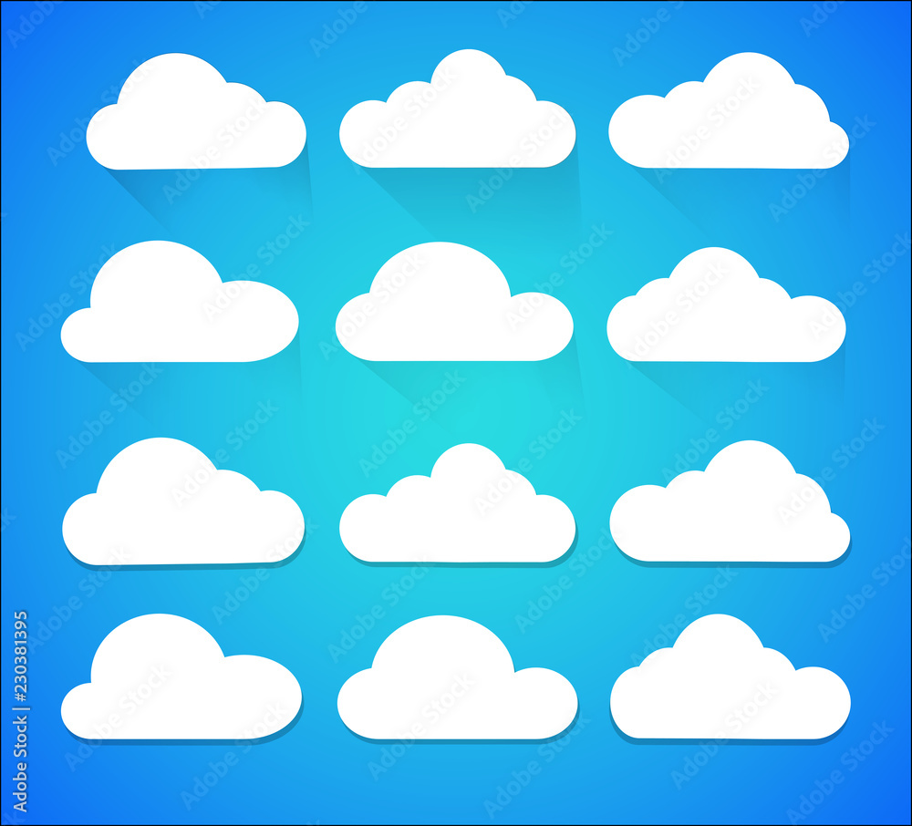 Set of cloud icons isolated on blue background, vector illustration Set of cloud icons isolated on blue background, vector illustration