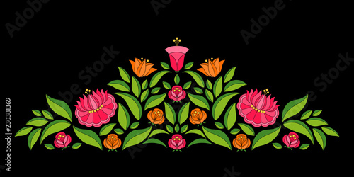 Hungarian folk pattern vector border. Kalocsa floral ethnic ornament. Slavic eastern european flower print on black background. Vintage design for birthday invitation or save the date cards.