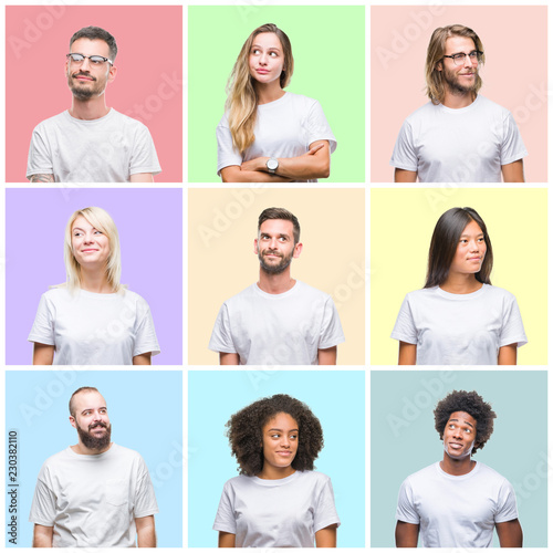 Collage of group people, women and men over colorful isolated background smiling looking side and staring away thinking.