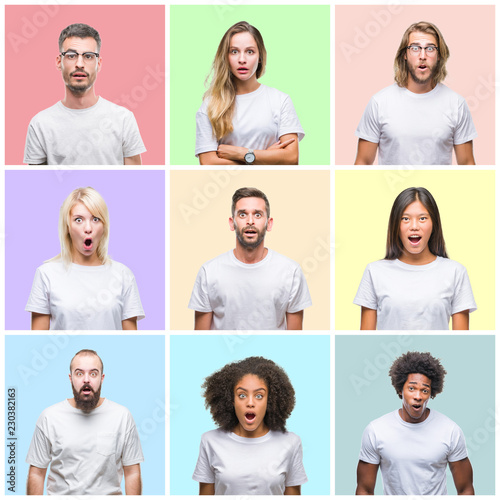 Collage of group people, women and men over colorful isolated background afraid and shocked with surprise expression, fear and excited face.