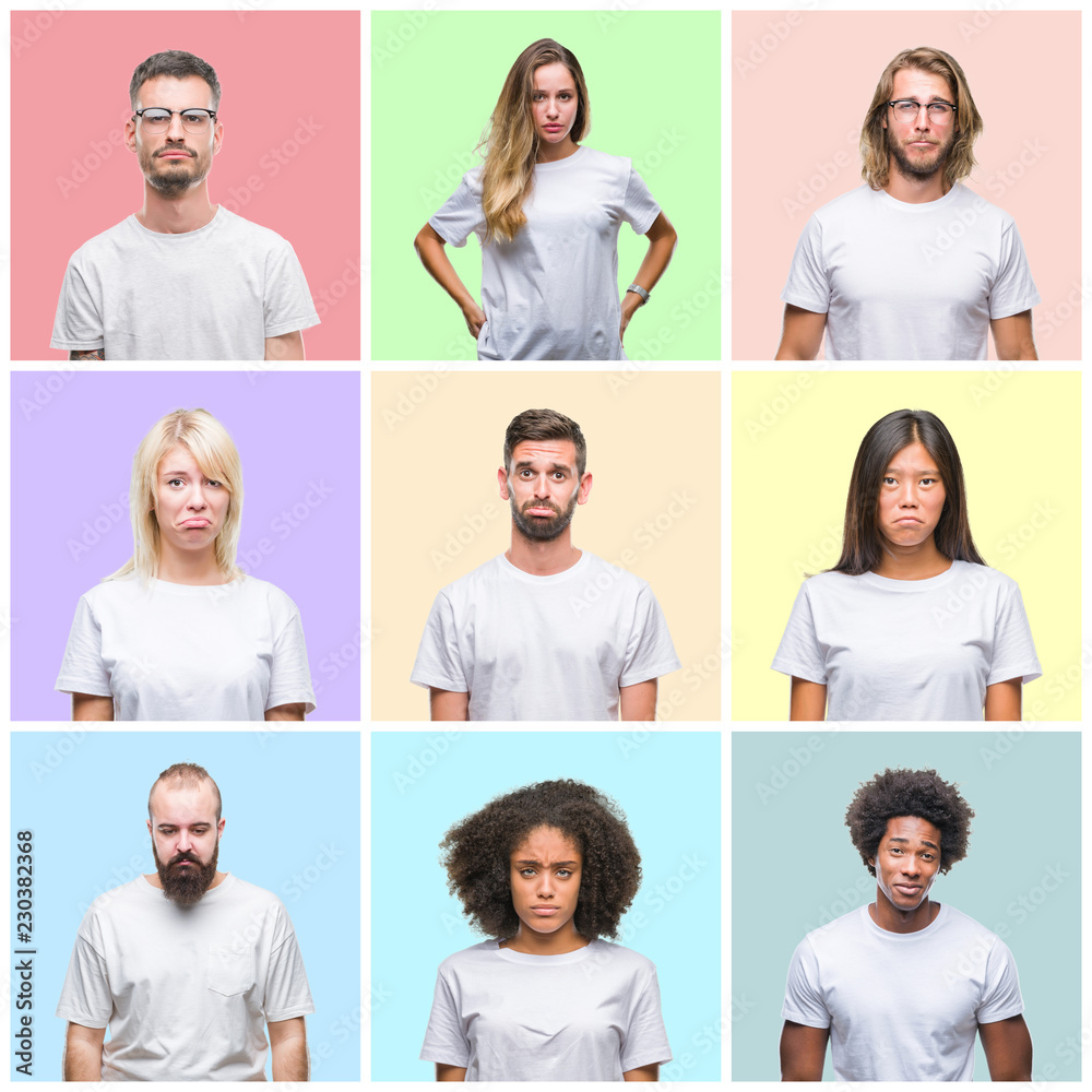 Collage of group people, women and men over colorful isolated background depressed and worry for distress, crying angry and afraid. Sad expression. Collage of group people, women and men over colorful isolated background depressed and worry for distress, crying angry and afraid. Sad expression.